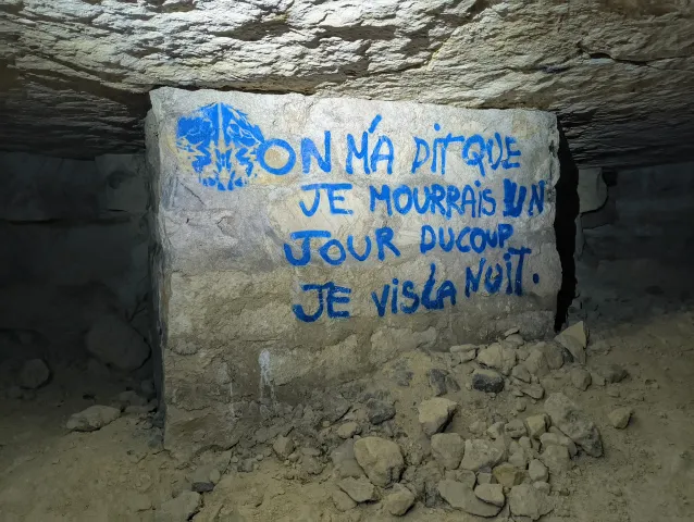 Bloc de calcaire portant l'inscription bleue « On m'a dit que je mourrais un jour, du coup je vis la nuit »