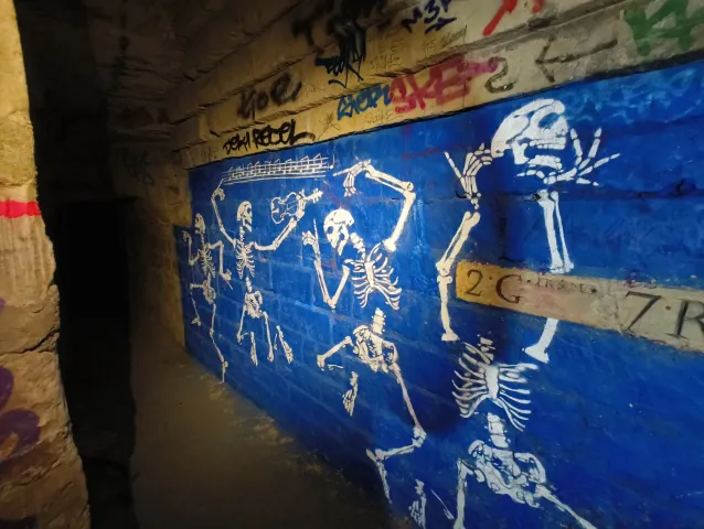 Frise de squelettes blancs dansant sur un mur peint en bleu vif